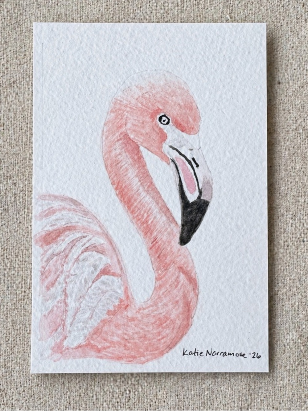 Hand-Made New Watercolor Art Pink Flamingo